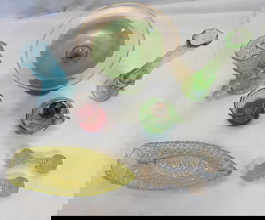 Antique LOT Of 8 glassware sets some Uranium glass: LOT Of 8 glassware sets: 2 clear cut, 1 pink, 3 green including an oil lamp, one blue and one yellow, possibly uranium glass