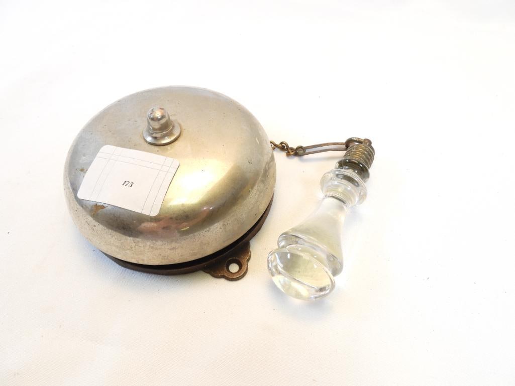 Vintage metal clerk, hotel, bell hop bell with clear glass ringer (1 of 4)