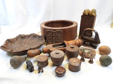 Antique Primitive Huge Wood Lot of bowls, figurines, tools and more