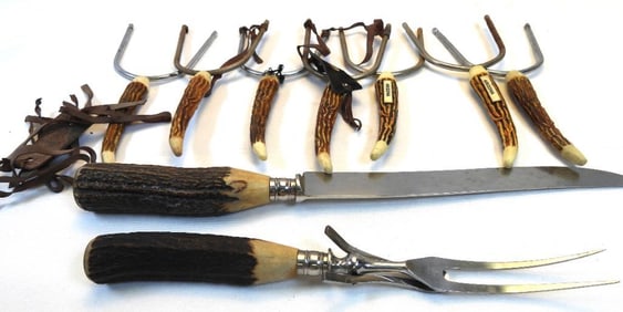 Stag horn carving set and 7 carving forks