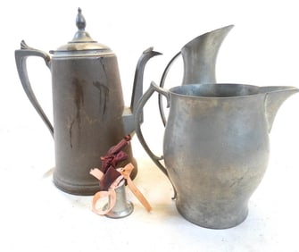 Antique LOT OF 4 Pewter items including 3 pitchers and bell