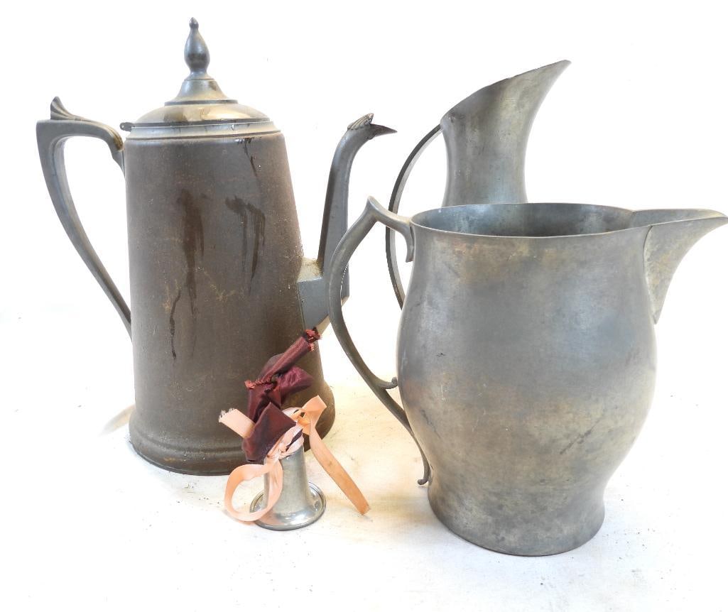 Antique LOT OF 4 Pewter items including 3 pitchers and bell (1 of 12)