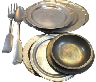 Antique LOT OF 9 Pewter items including 6 platters, 1 bowl and oversized fork and spoon