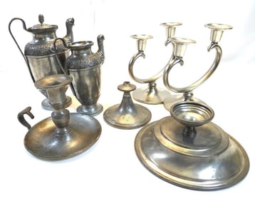 Antique LOT OF 7 Pewter items including candlesticks and more