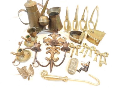 Antique LOT OF 21 brass serving pitchers, candlesticks coffee pots and more