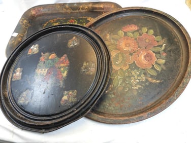 Antique LOT OF 3 Vintage Painted Tole Trays