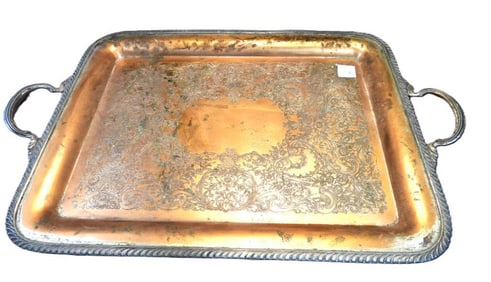 Antique silver plated serving tray with two handles