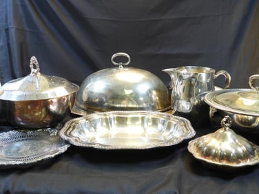 Antique LOT OF 8 Silver Plated serving bowls, plates service tray/cover