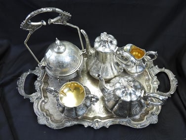 Antique Beautiful LOT OF 6 Silver Plates Items including footed serving tray