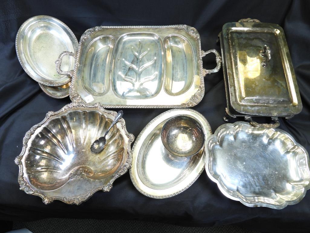 Antique LOT OF 9-pieced Silver Plated serving bowls, trays Divided/Footed tray (1 of 13)