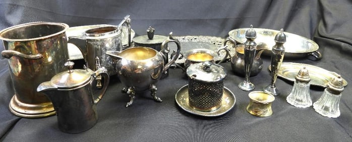 Antique LOT OF 16-pieced Silver Plated Serving piecesSet including salt/pepper shakers