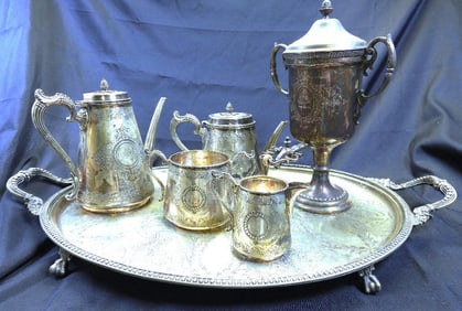 Antique LOT OF 6-pieced Silver Plated Engraved Set including Percolator