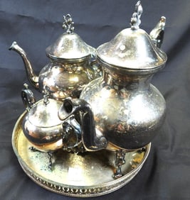 Antique LOT OF 4-pieced Silver Plated Tea Set including Silver-Plated on Copper Tray