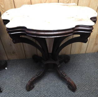Antique Mahogany Marble Top Table on Wheels: Marble Top Table on Wheels, approx. 25" long, 19" deep and 27.75" tall, some wear on wood due to age
