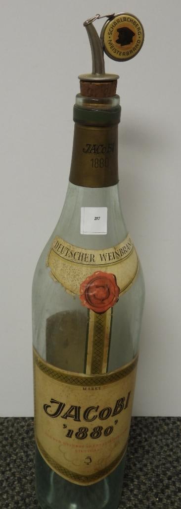ANTIQUE HUGE Factice Dummy Deutscher Weinhall Jacob '1880" liquor display glass bottle: Deutscher Weinhall Jacob '1880" glass bottle, approx. 4.25" diameter base and 22.5" tall