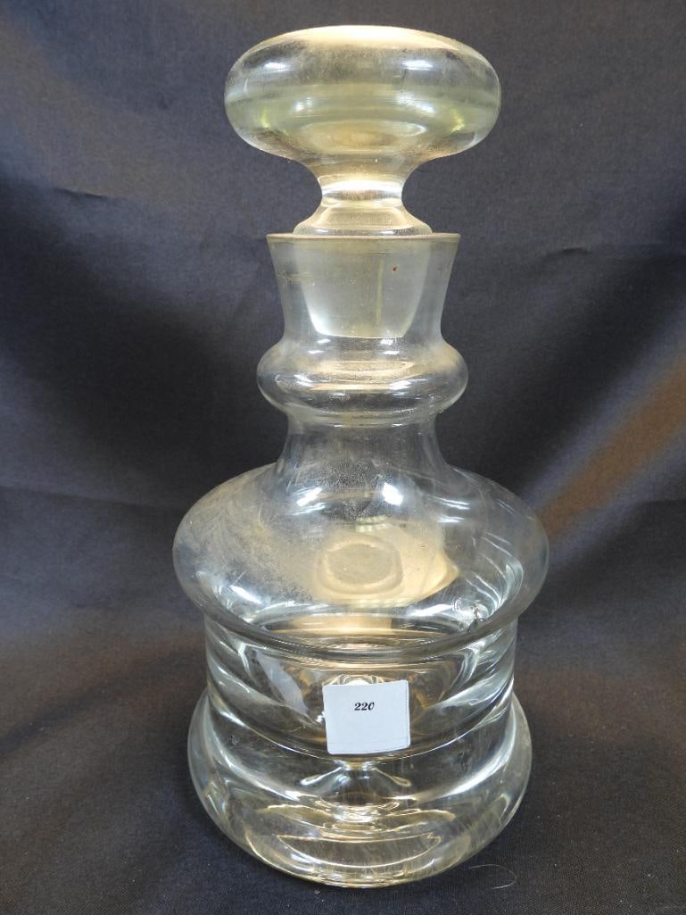 Antique Glass Decanter: Vintage Glass Decanter, approx. 5.25" diameter base and approx. 10" tall, two small cracks (see photos) but doesn't affect functionality