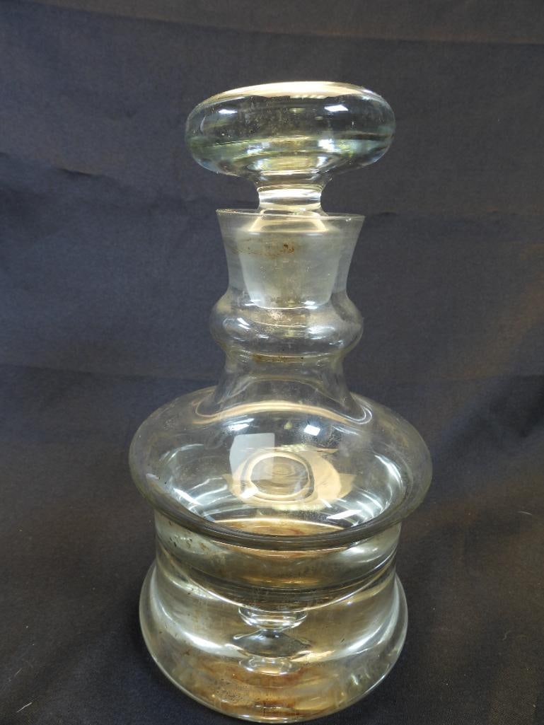 Antique Glass Decanter: Antique Glass Decanter, sturdy, approx. 5" diameter and 9.75" tall, great addition for any bar, just needs a little cleaning (see photos)