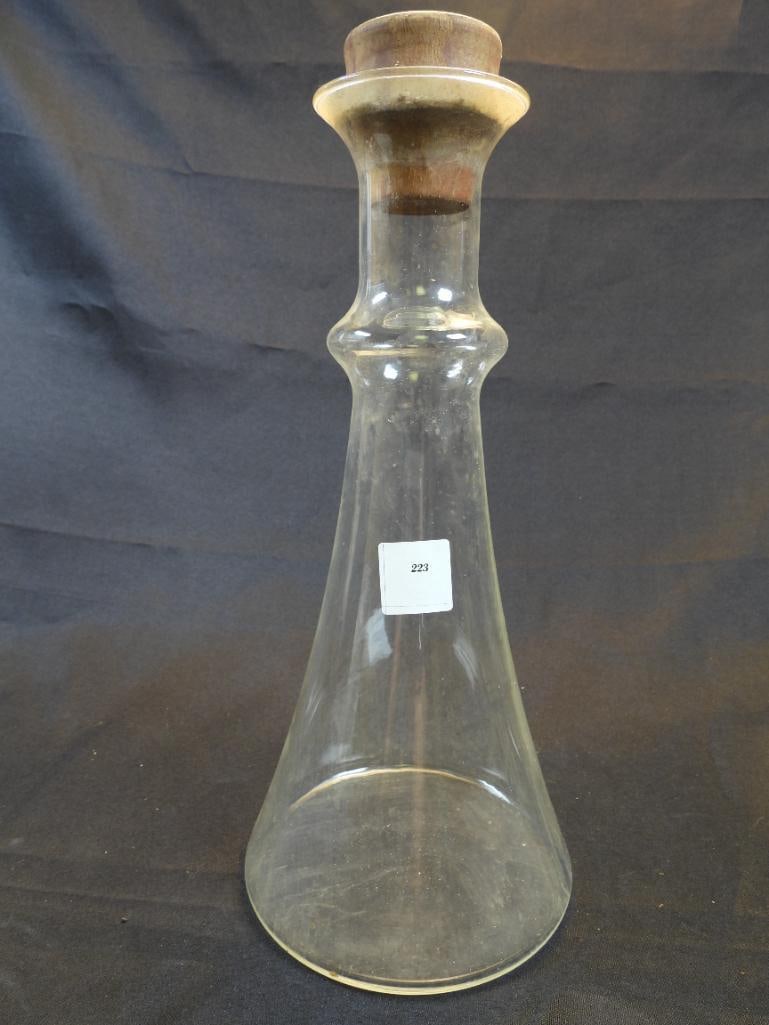 Antique Glass Decanter with Teak Stopper: Vintage Glass Decanter with Teak Stopper, approx. 5.5" diameter base and 12.75" tall