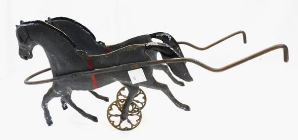 Antique Hubley Cast Iron Two Horse Drawn Pull Toy