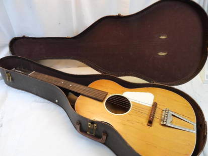 Vintage Champ Acoustic Guitar, likely a parlor-size model, in case: Vintage Champ Acoustic Guitar, likely a parlor-size model, in case