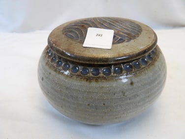 Lidded Mid-Century stoneware jar, signed on bottom