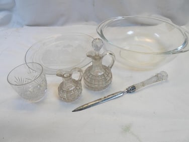 Antique LOT OF 6 glass items including Duncan & Miller EAPG oil bottles