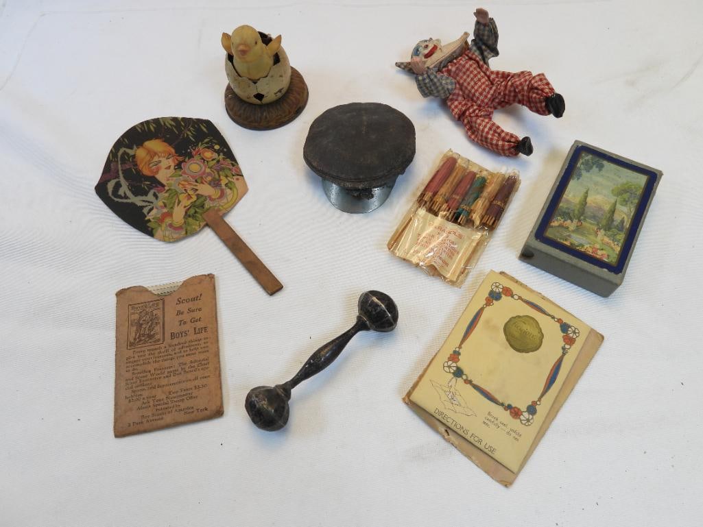 Antique  LOT OF 9 Folk Art games, bay rattle silver plate, toys tin windup chick (1 of 8)