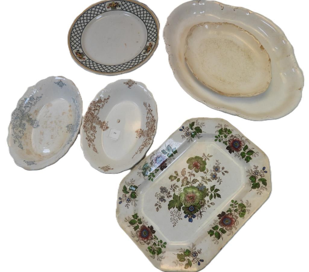 Antique LOT OF 6 platters including porcelain, Pitcairns and R.M.W. &C: LOT OF 6 platters: two of Pitcairns Limited Bella Porcelain, Rego China circular, R.M.W.&C Florence Rose, La Francais, and white small platter marked USA on bottom, ranging in length from 9.25" to 15.