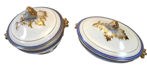 Set of two vintage porcelain covered serving dishes with gold and blue accents