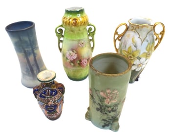 Antique LOT OF 5 vases including M S Austria, Rookwood Japanese Earthenware and more