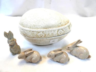 LOT OF 5 Vintage Easter/spring items including two-piece egg and 4 rabbits
