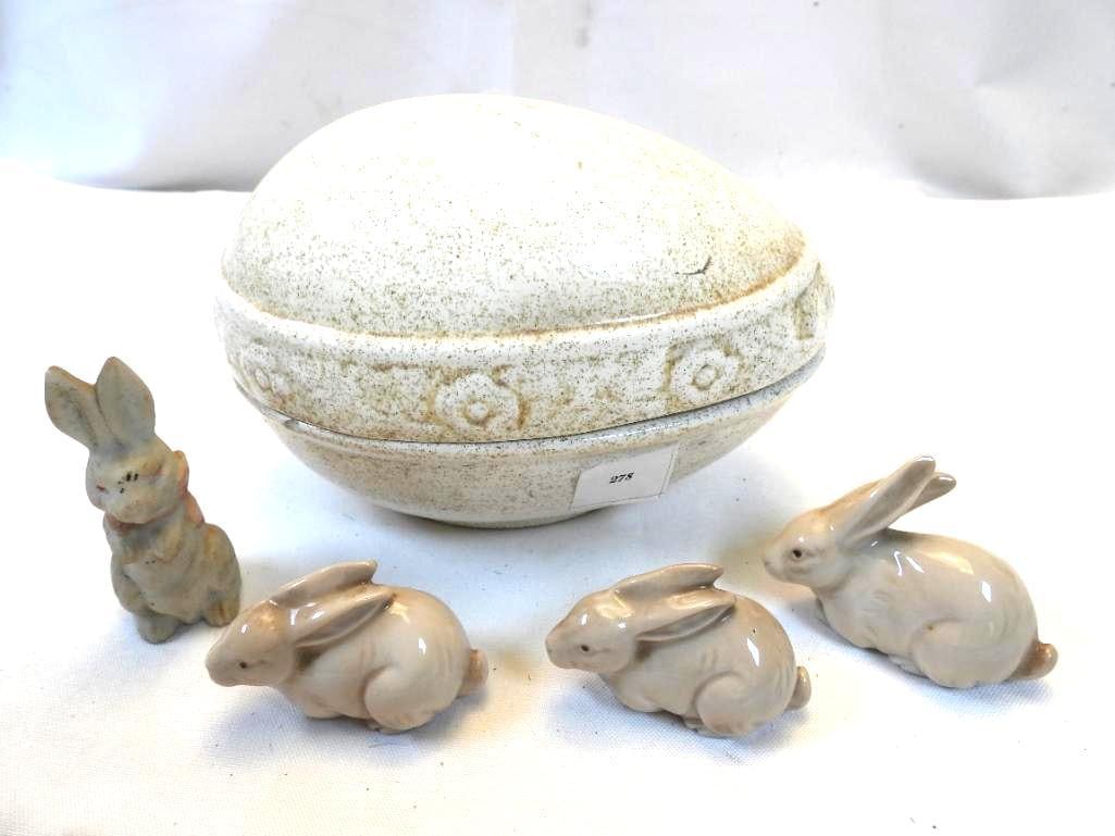 LOT OF 5 Vintage Easter/spring items including two-piece egg and 4 rabbits (1 of 10)