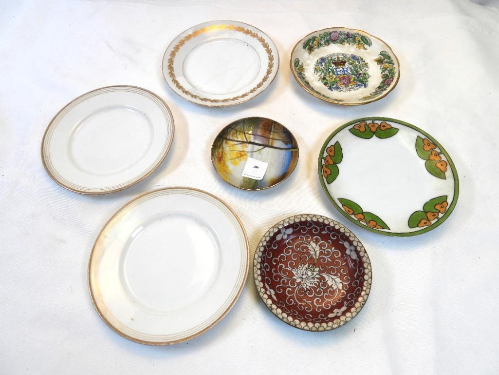 LOT OF 7 Vintage porcelain Limoges, Bavaria, Sevres small plates: LOT OF 7 small plates including hand painted Japanese scenery, Floral green, coronation plate Thomes "Severes" Harvaria, Wm Guerin & Co and Limoges, ranging in diameter from 4" to 6.25" (see photos fo