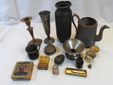 LOT OF 14 eclectic antique items including jugs, pitcher, fruit jar rings and more