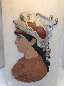 Antique Cast iron deity or mythological figural cameo on wood wall hanging portraiture