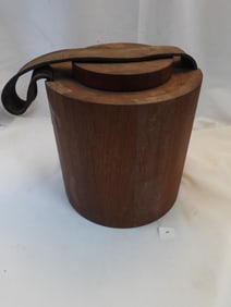 Mid-Century Modern Wood Ice Bucket with leather-like handle