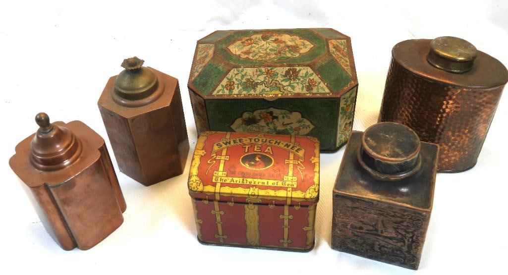 LOT OF 6 assortment of antique and vintage tins: LOT OF 6 assortment of antique and vintage tins, ranging from 3" to 5.25" tall, see photos for details