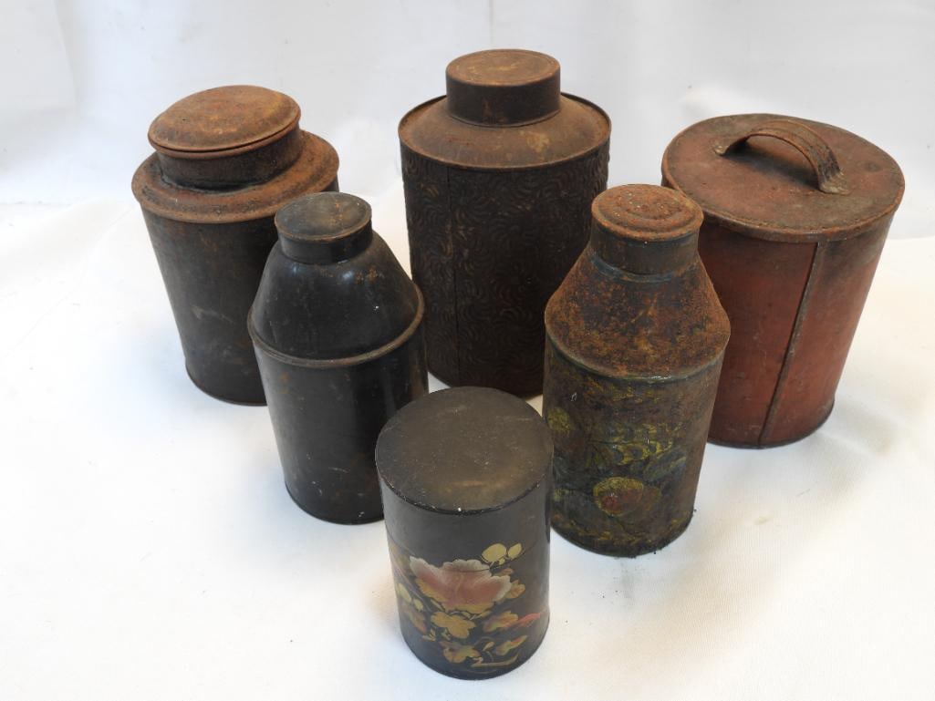 LOT OF 6 vintage and antique metal canisters: LOT OF 6 vintage and antique metal canisters, ranging in height from 4" to 6.5" tall, see photos for wear due to age