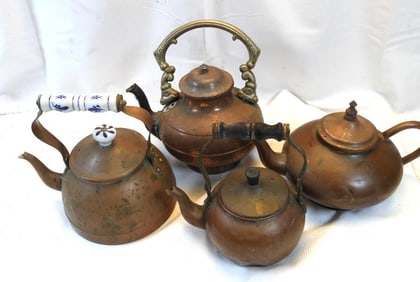 LOT OF 4 antique copper tea kettles delft blue handle