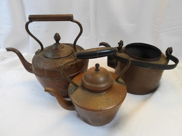 LOT OF 3 antique copper tea kettles