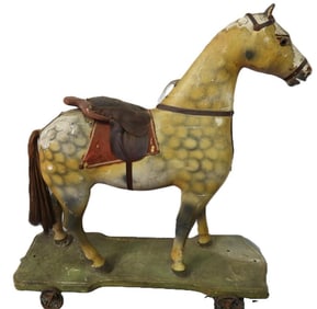 Large antique wooden horse pull toy on wheels