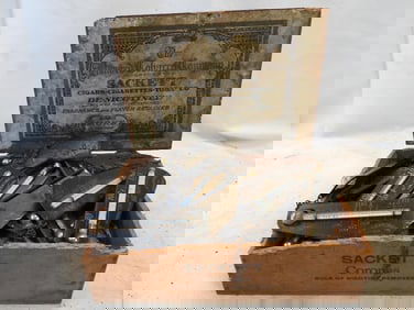 Antique box full of Tyeas Blue Hen Incubators hanging scales