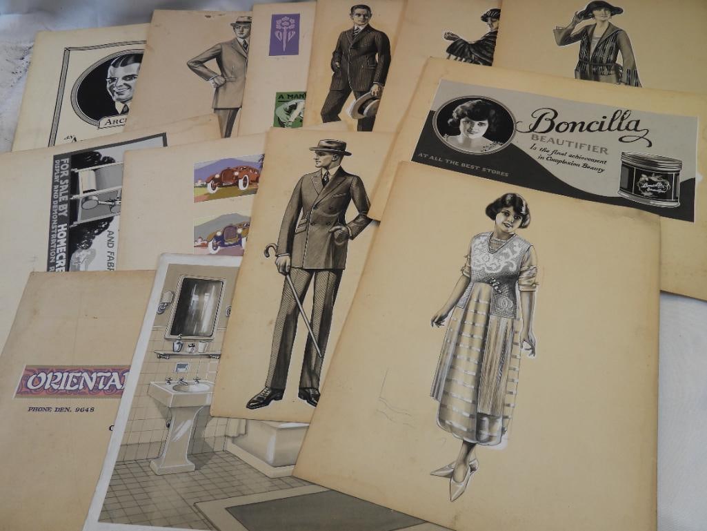 LOT OF 13 antique clothing advertisement prints ephemera 1920's: LOT OF 13 antique clothing advertisement prints signed Norman P Londen