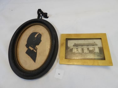 LOT OF 2 Antique framed cameo of woman, rural building old photo print framed