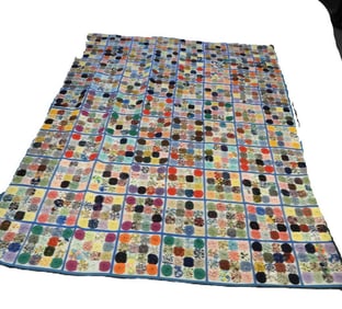 Antique Handmade Pennsylvania Dutch Popcorn Yo-Yo Colorful Quilt