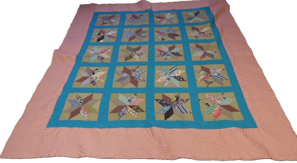 Antique  light pink handmade Pennsylvania Dutch quilt with colorful star-pattern design (1 of 12)