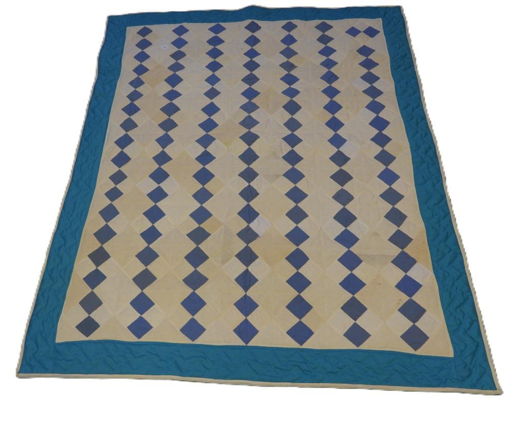 Antique Pennsylvania dutch Hand made "Tumbling blocks" pattern blue and white quilt (1 of 13)