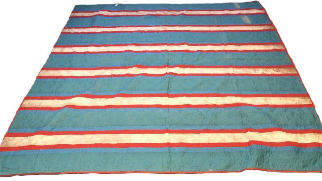 Antique Pennsylvania Dutch made hand stitched red white and blue striped  reversible quilt (1 of 7)