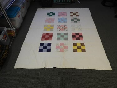 Antique handmade "Cutter Quilt" with nine-patch pattern