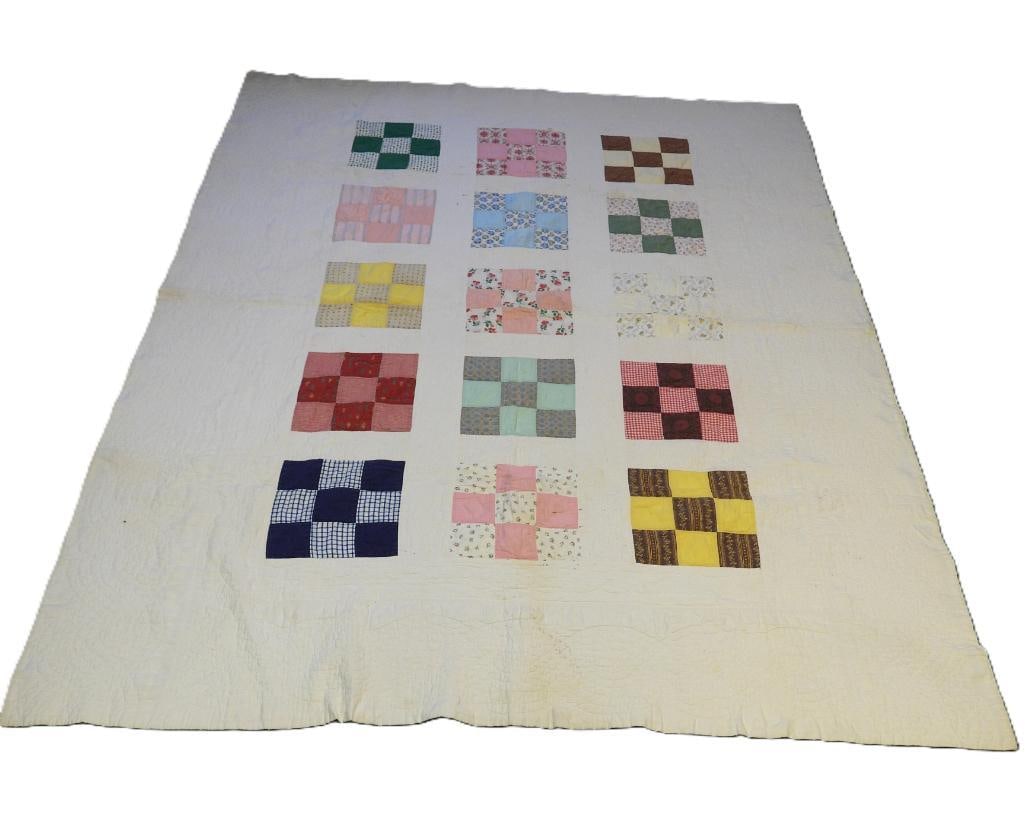 Antique Pennsylvania Dutch hand stitched handmade "Cutter Quilt" with nine-patch pattern (1 of 9)